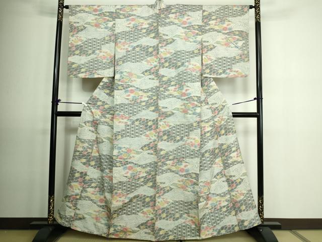 平和屋着物▽上質な紬 単衣 草花文 正絹 逸品 DAAV9539sf
