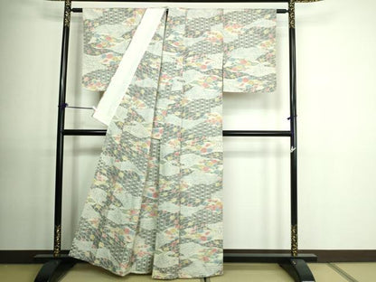 平和屋着物▽上質な紬 単衣 草花文 正絹 逸品 DAAV9539sf