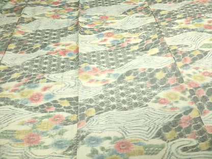 平和屋着物▽上質な紬 単衣 草花文 正絹 逸品 DAAV9539sf