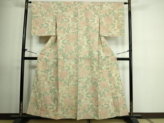平和屋着物▽上質な紬 単衣 草花文 正絹 逸品 DAAV9541sf