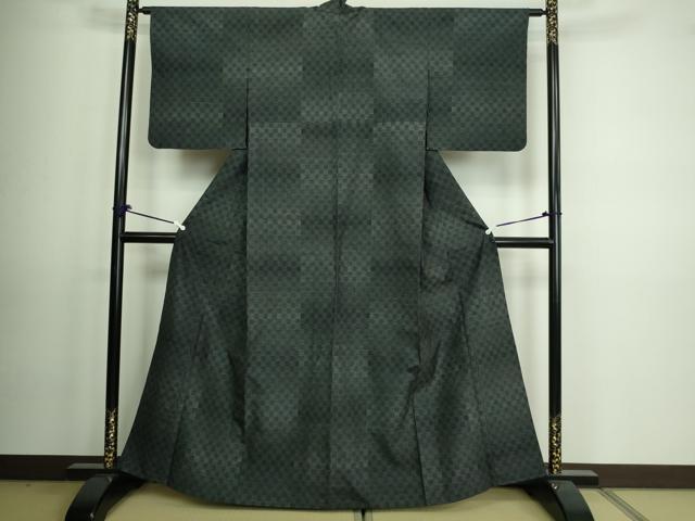 平和屋着物▽上質な紬　単衣　市松文様　正絹　逸品　DAAV9571sf