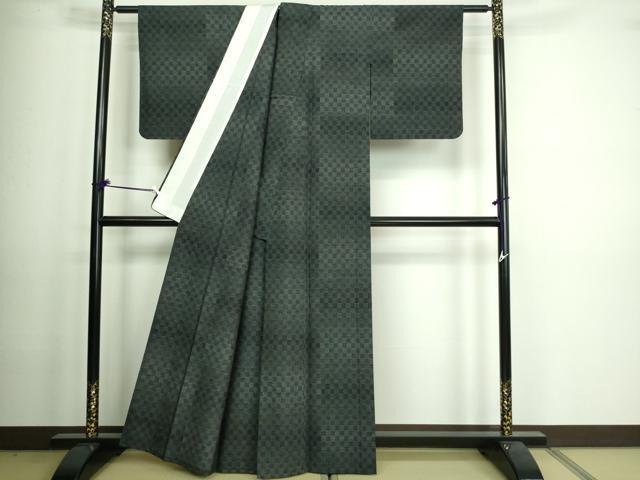 平和屋着物▽上質な紬　単衣　市松文様　正絹　逸品　DAAV9571sf