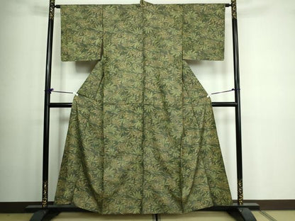 平和屋着物▽上質な紬　単衣　110亀甲　草葉文　正絹　逸品　DAAV9586sf