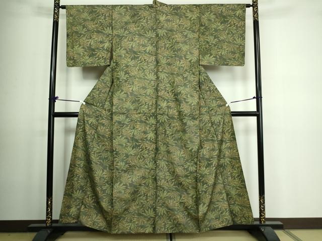 平和屋着物▽上質な紬　単衣　110亀甲　草葉文　正絹　逸品　DAAV9586sf