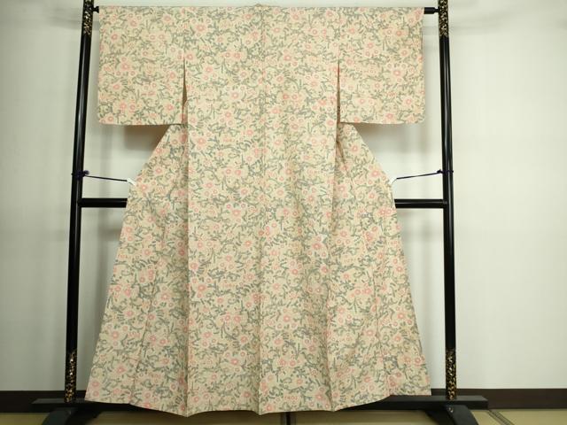 平和屋着物▽上質な紬 単衣 花唐草文 正絹 逸品 DAAV9606sf