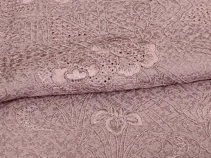 平和屋着物▽中国三大刺繍 汕頭刺繍 スワトウ刺繍 総刺繍 訪問着 色無地 単衣 草花文 紅藤色 正絹 逸品 DAAV9607sf