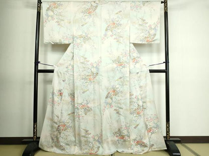 平和屋着物▽上質な小紋　単衣　扇面草花文　暈し染め　金彩　正絹　逸品　DAAV9623sf