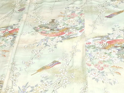 平和屋着物▽上質な小紋　単衣　扇面草花文　暈し染め　金彩　正絹　逸品　DAAV9623sf
