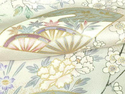 平和屋着物▽上質な小紋　単衣　扇面草花文　暈し染め　金彩　正絹　逸品　DAAV9623sf