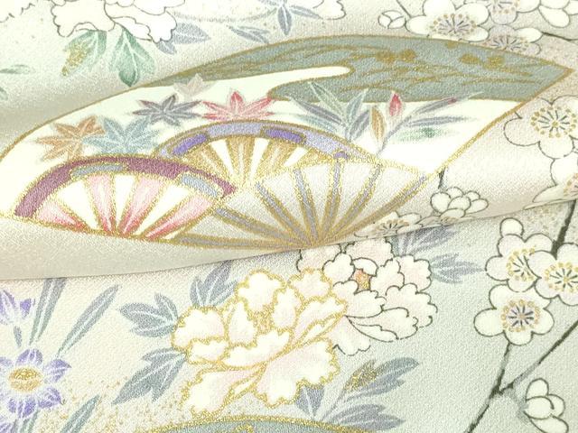平和屋着物▽上質な小紋　単衣　扇面草花文　暈し染め　金彩　正絹　逸品　DAAV9623sf