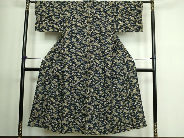 平和屋着物▽上質な小紋 単衣 紬地 扇面草花文 正絹 逸品 DAAV9625sf