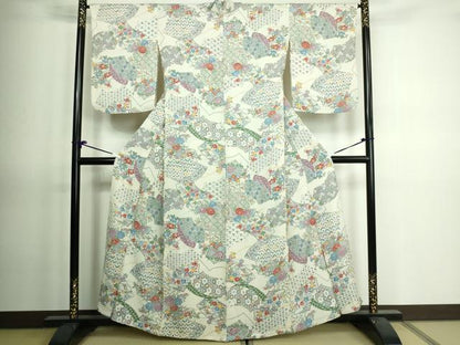 平和屋着物▽上質な小紋　単衣　型染め　地紙草花文　正絹　逸品　DAAV9639sf