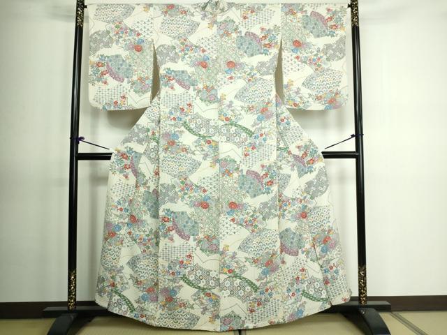 平和屋着物▽上質な小紋　単衣　型染め　地紙草花文　正絹　逸品　DAAV9639sf