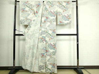 平和屋着物▽上質な小紋　単衣　型染め　地紙草花文　正絹　逸品　DAAV9639sf
