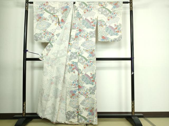 平和屋着物▽上質な小紋　単衣　型染め　地紙草花文　正絹　逸品　DAAV9639sf