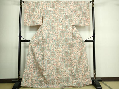 平和屋着物▽上質な紬 単衣 吉祥花文 正絹 逸品 DAAV9664sf