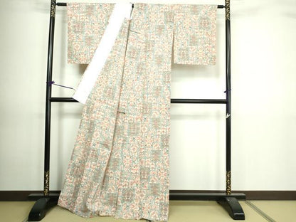 平和屋着物▽上質な紬 単衣 吉祥花文 正絹 逸品 DAAV9664sf