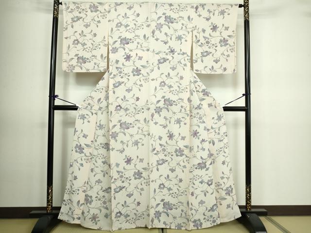 平和屋着物▽上質な小紋 単衣 更紗花文 反端付き 正絹 逸品 DAAV9674sf