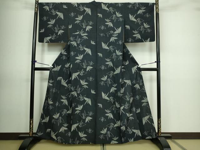 平和屋着物▽上質な紬 単衣 折り鶴 正絹 逸品 DAAV9675sf