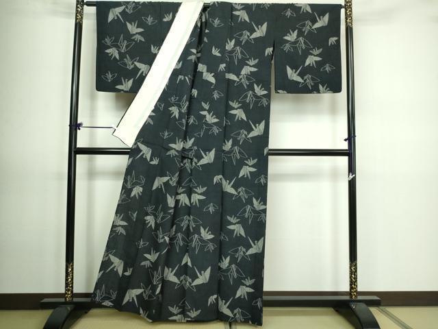 平和屋着物▽上質な紬 単衣 折り鶴 正絹 逸品 DAAV9675sf