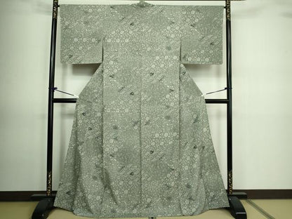 平和屋着物▽上質な紬　型染　単衣　花唐草文　正絹　逸品　DAAV9678sf