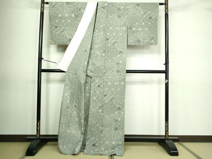 平和屋着物▽上質な紬　型染　単衣　花唐草文　正絹　逸品　DAAV9678sf