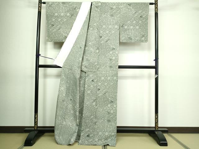 平和屋着物▽上質な紬　型染　単衣　花唐草文　正絹　逸品　DAAV9678sf