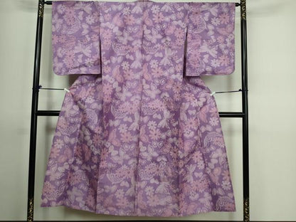 平和屋着物▽上質な紬　単衣　花蝶文　正絹　逸品　DAAV9688sf