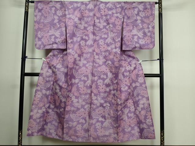 平和屋着物▽上質な紬　単衣　花蝶文　正絹　逸品　DAAV9688sf
