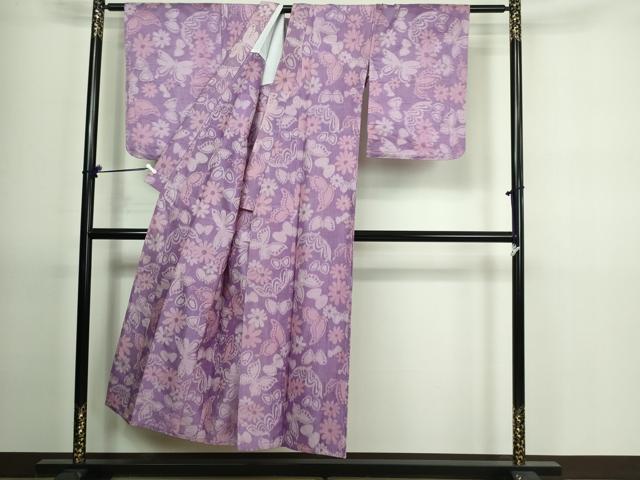 平和屋着物▽上質な紬　単衣　花蝶文　正絹　逸品　DAAV9688sf