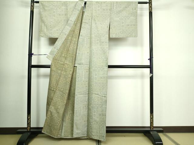 平和屋着物▽上質な紬 単衣 吉祥花文 正絹 逸品 DAAV9693sf