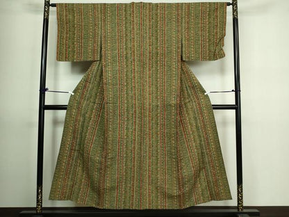 平和屋着物▽上質な紬 単衣 花唐草間道 正絹 逸品 DAAV9694sf
