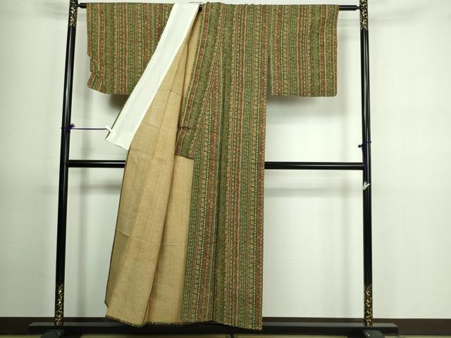 平和屋着物▽上質な紬 単衣 花唐草間道 正絹 逸品 DAAV9694sf
