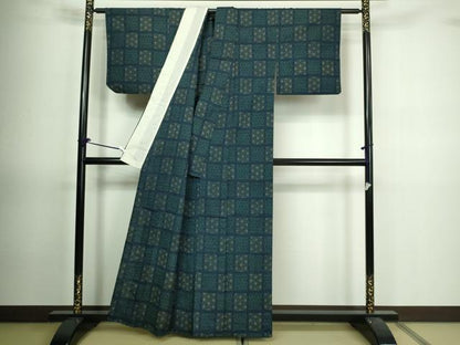 平和屋着物▽上質な紬　単衣　亀甲花文　正絹　逸品　DAAV9700sf