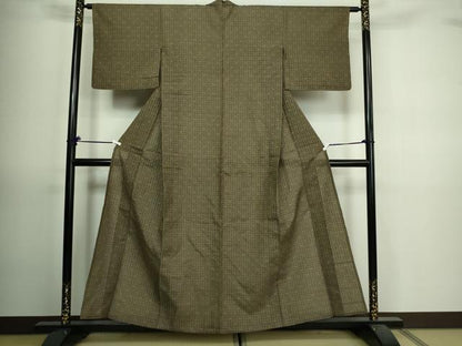 平和屋着物▽上質な紬　単衣　格子　正絹　逸品　DAAV9707sf