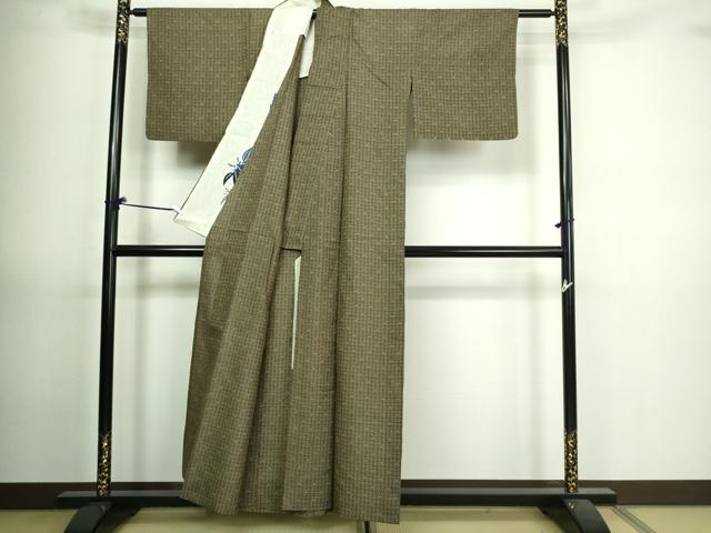 平和屋着物▽上質な紬　単衣　格子　正絹　逸品　DAAV9707sf