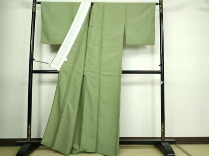 平和屋着物▽色無地　単衣　鶸茶色　洗える着物　DAAV9710sf