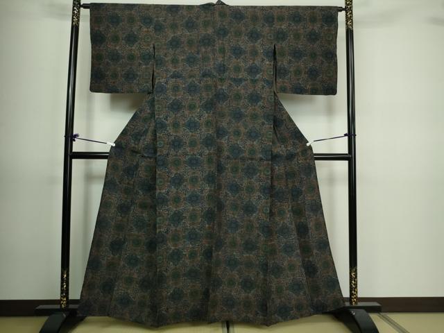 平和屋着物▽上質な紬　単衣　花菱文　正絹　逸品　DAAV9715sf