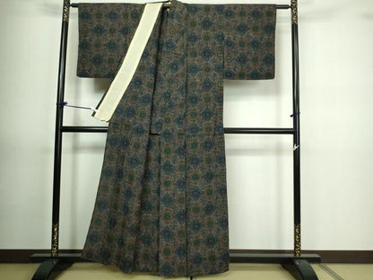 平和屋着物▽上質な紬　単衣　花菱文　正絹　逸品　DAAV9715sf
