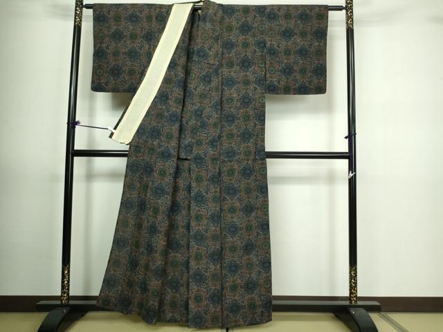 平和屋着物▽上質な紬　単衣　花菱文　正絹　逸品　DAAV9715sf