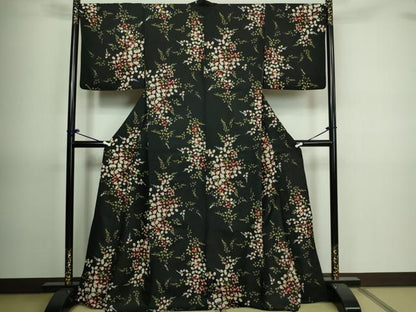 平和屋着物▽小紋　単衣　枝葉文　黒地　洗える着物　DAAV9720sf