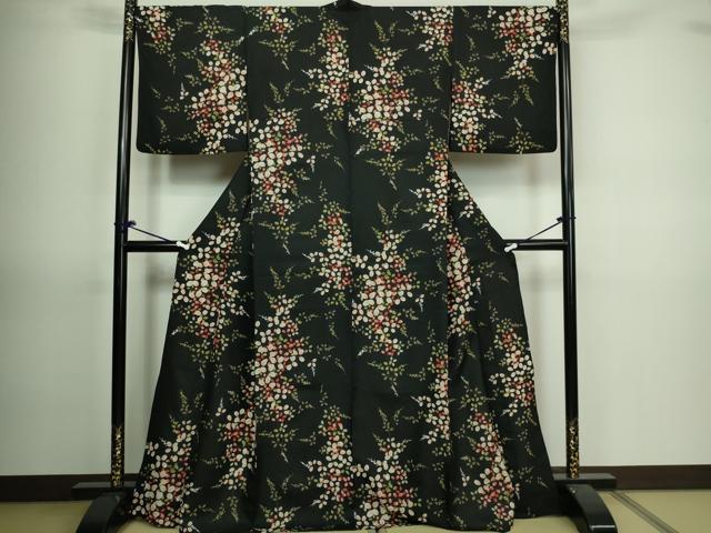 平和屋着物▽小紋　単衣　枝葉文　黒地　洗える着物　DAAV9720sf