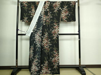 平和屋着物▽小紋　単衣　枝葉文　黒地　洗える着物　DAAV9720sf