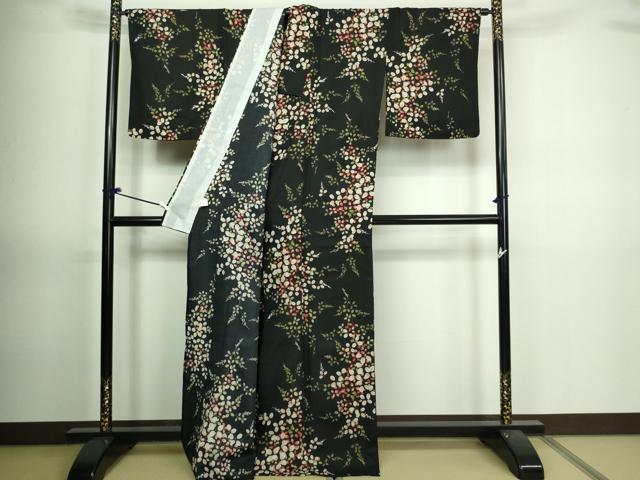 平和屋着物▽小紋　単衣　枝葉文　黒地　洗える着物　DAAV9720sf
