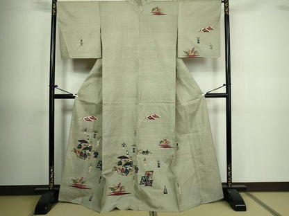 平和屋着物▽訪問着 単衣 紬地 型染め 人物文 正絹 逸品 DAAV9722sf