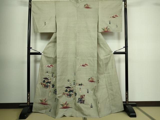 平和屋着物▽訪問着 単衣 紬地 型染め 人物文 正絹 逸品 DAAV9722sf