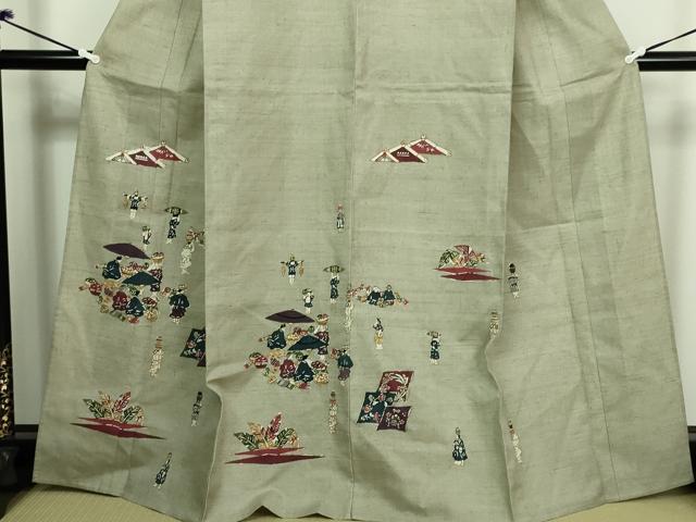平和屋着物▽訪問着 単衣 紬地 型染め 人物文 正絹 逸品 DAAV9722sf