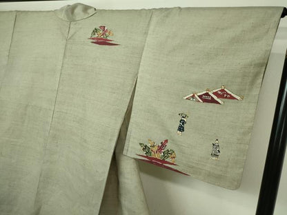 平和屋着物▽訪問着 単衣 紬地 型染め 人物文 正絹 逸品 DAAV9722sf