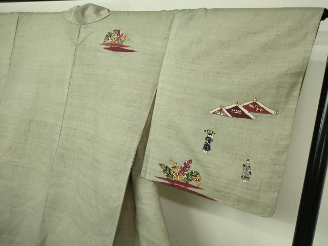 平和屋着物▽訪問着 単衣 紬地 型染め 人物文 正絹 逸品 DAAV9722sf