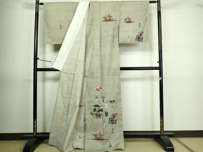 平和屋着物▽訪問着 単衣 紬地 型染め 人物文 正絹 逸品 DAAV9722sf
